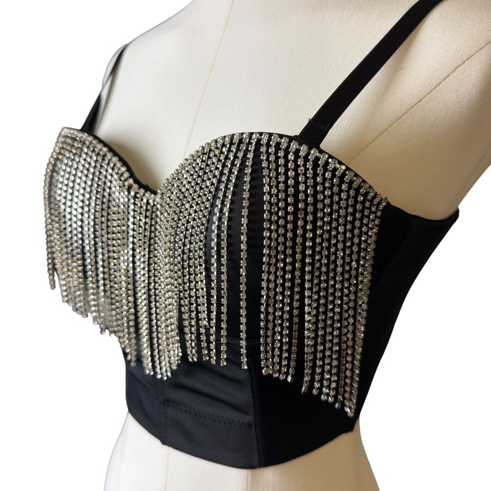 Rhinestone Fringe Bustier Corset Top Black Small Festival Rave McBling Burlesque